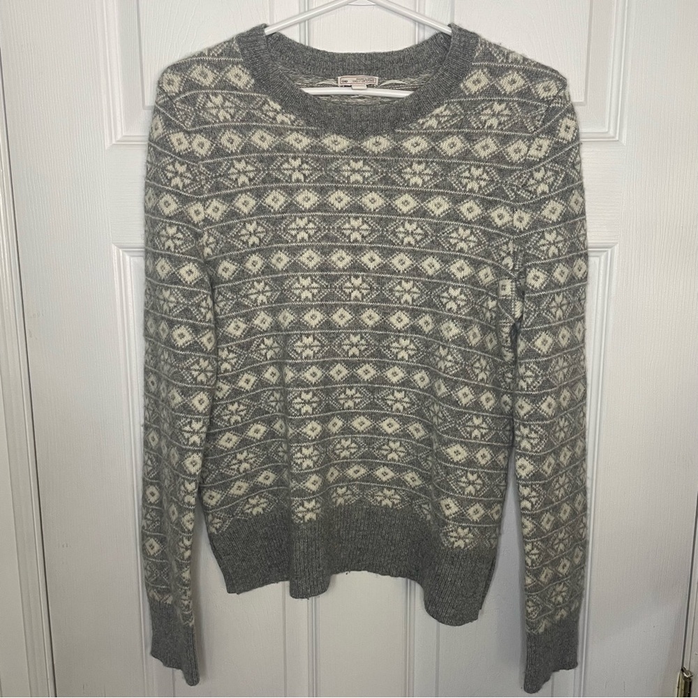 Gap Wool Blend Grey & White Nordic Print Crewneck Pullover Sweater Medium